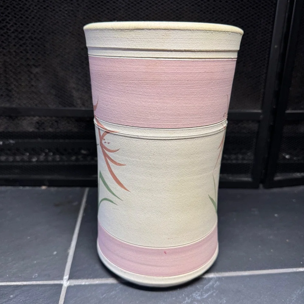 Studio Pottery Hand Painted Floral Wine Chiller Signed Stoneware Vase Pink